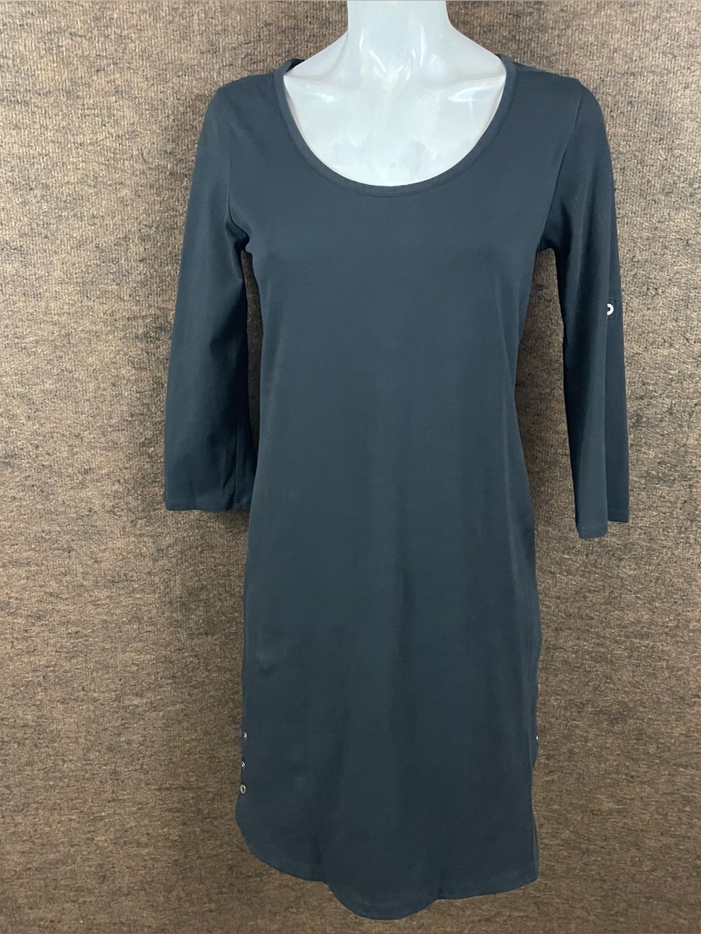 J. Jill Dress Small Black Shift Perfect Pima Button Side Roll Tab Sleeve 76